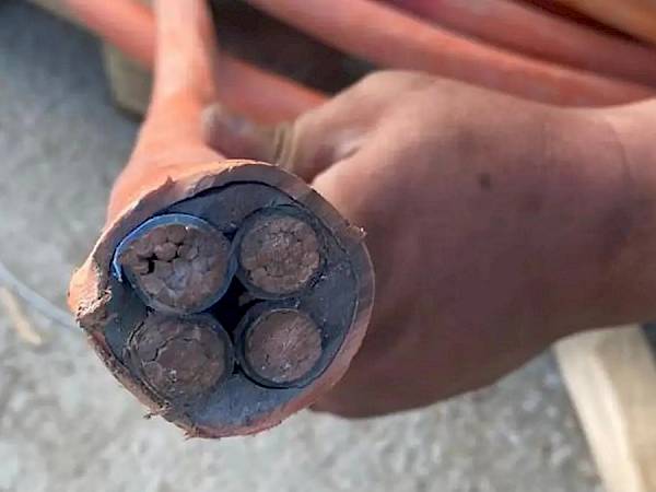 Kesitinden bakır telleri görünen kalın enerji kablosu
